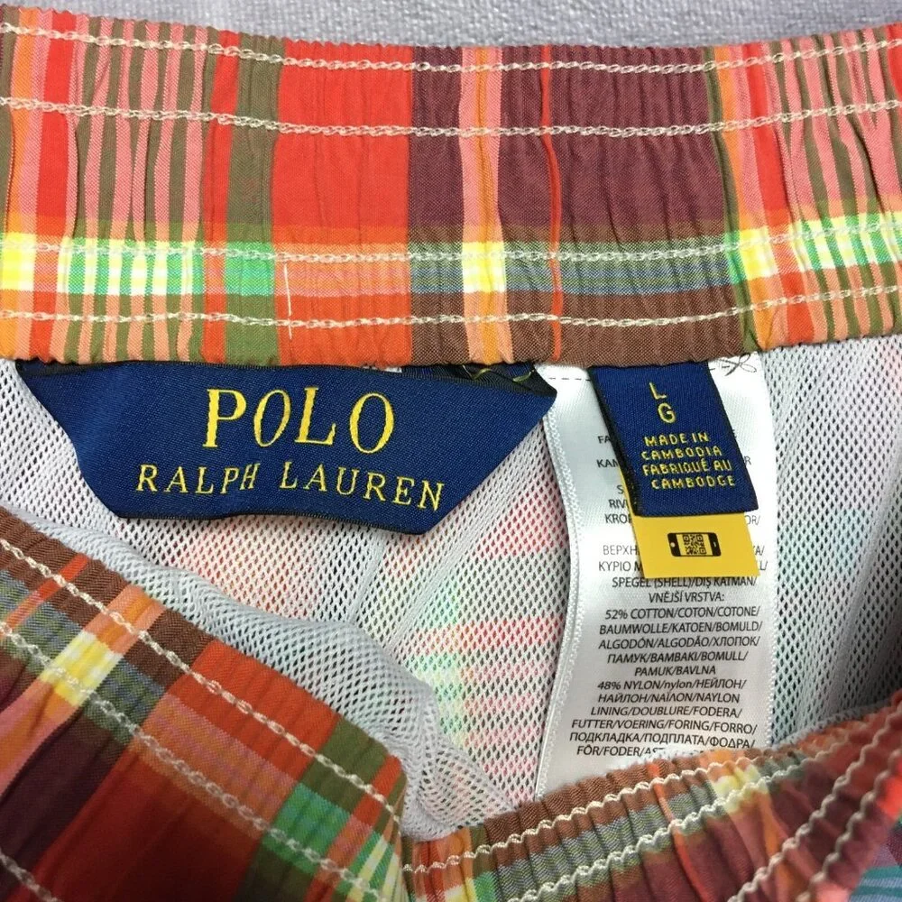 Polo RL Mens Plaid‎ Swim Trunk Shorts size Large Red Green Mesh Inner Briefs